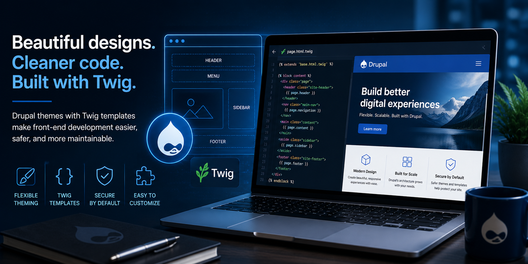 Illustration of Drupal theme development with Twig templates, showing a code editor, page layout wireframe, and website preview.