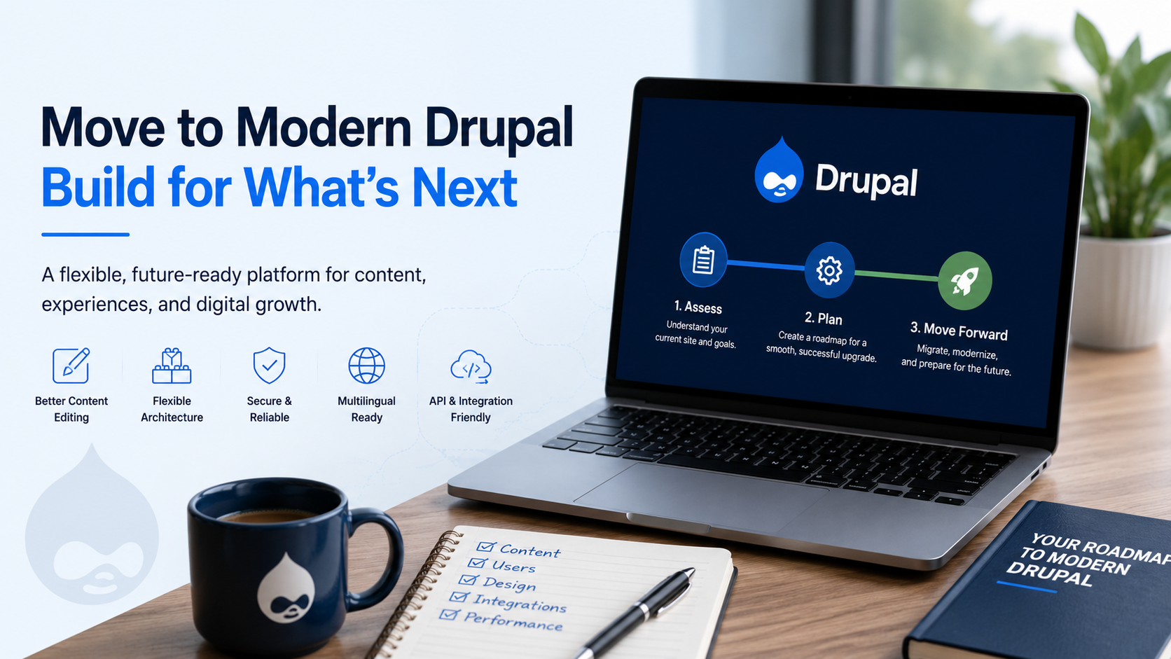 Illustration of a modern Drupal upgrade roadmap showing assessment, planning, and migration toward a flexible, secure, multilingual, and integration-ready website.