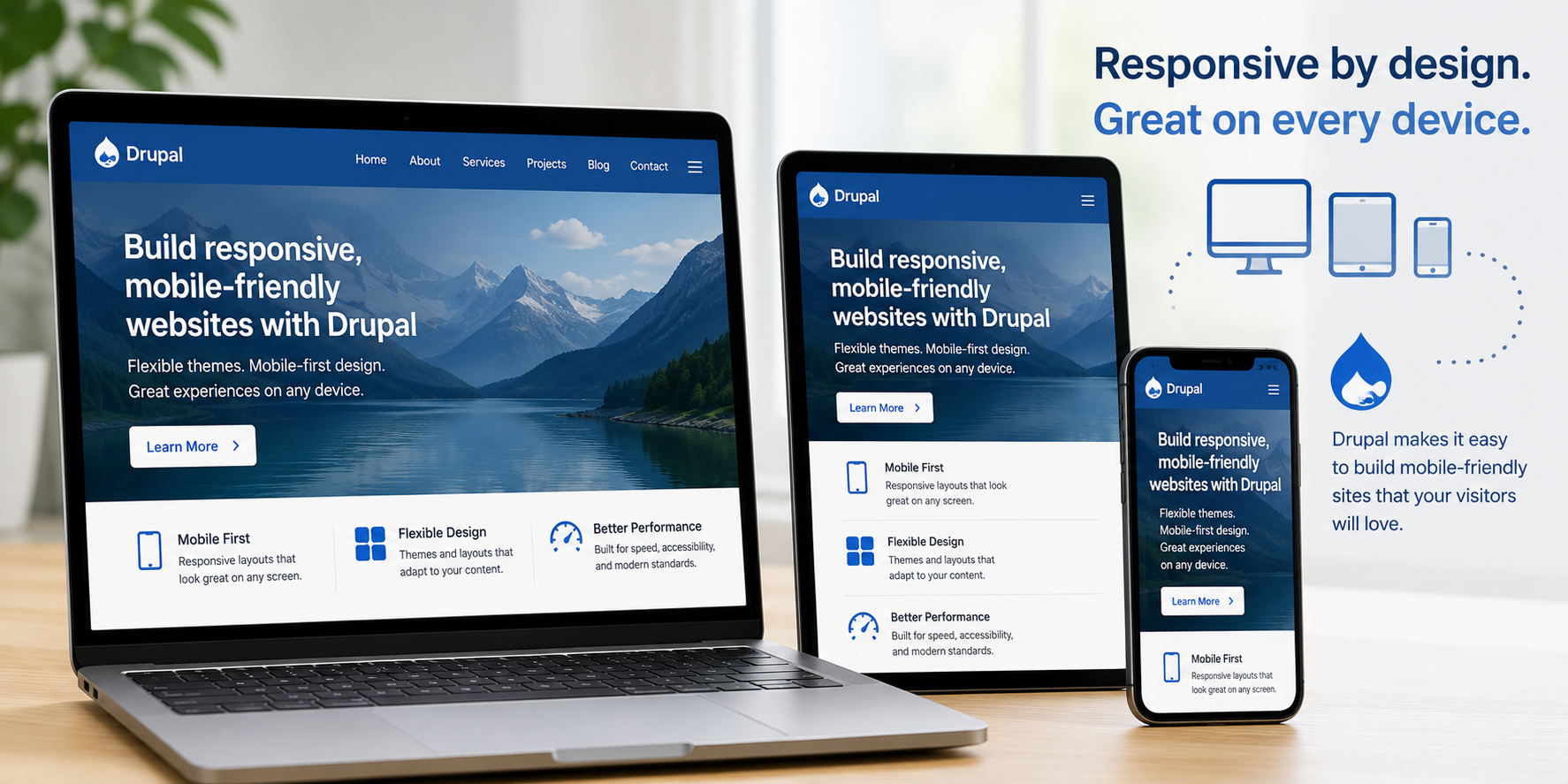 Responsive Drupal website design shown across laptop, tablet, and mobile screens.