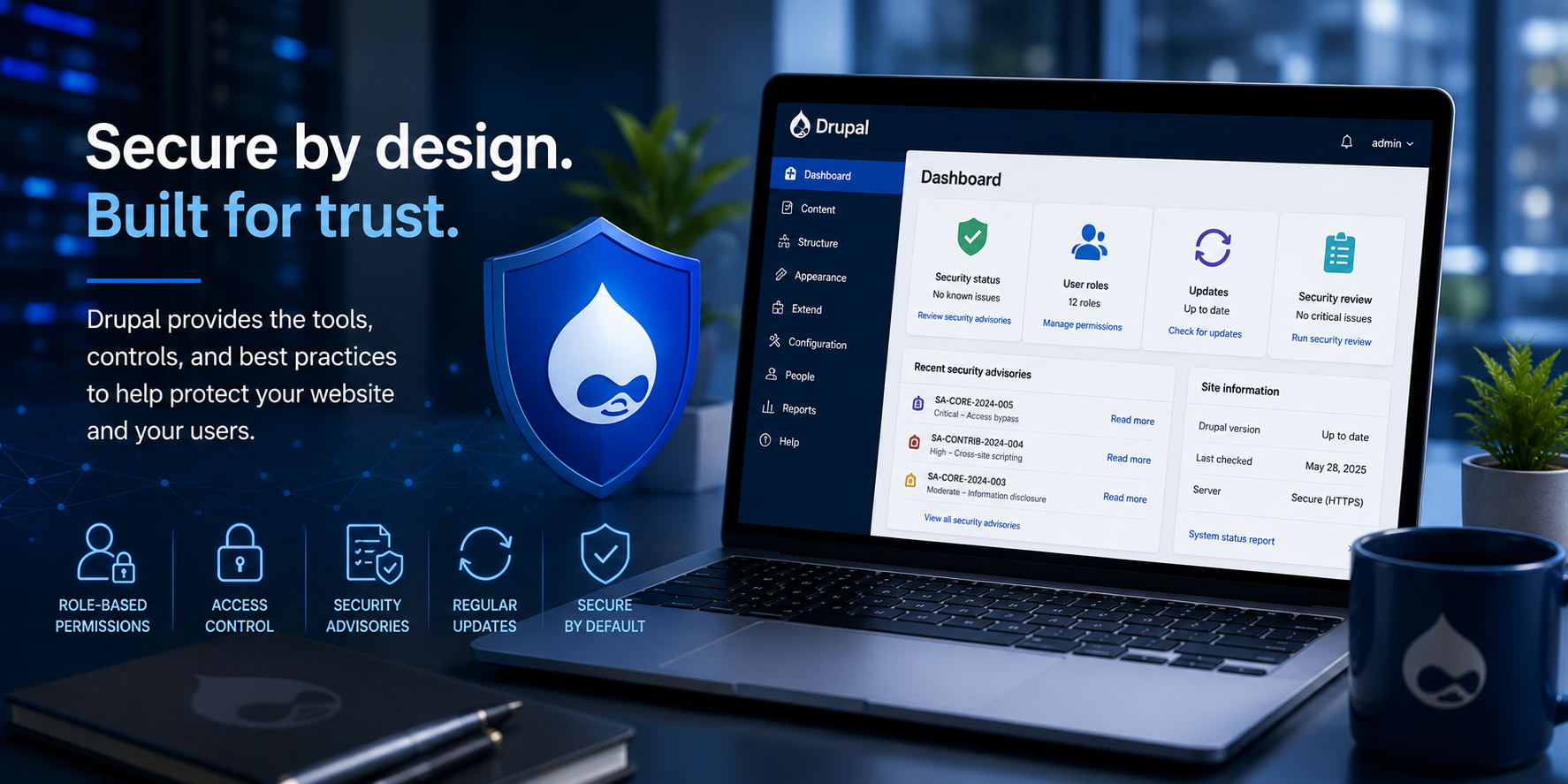 Illustration of a Drupal security dashboard with shield icons, role-based permissions, access controls, security advisories, and update status.