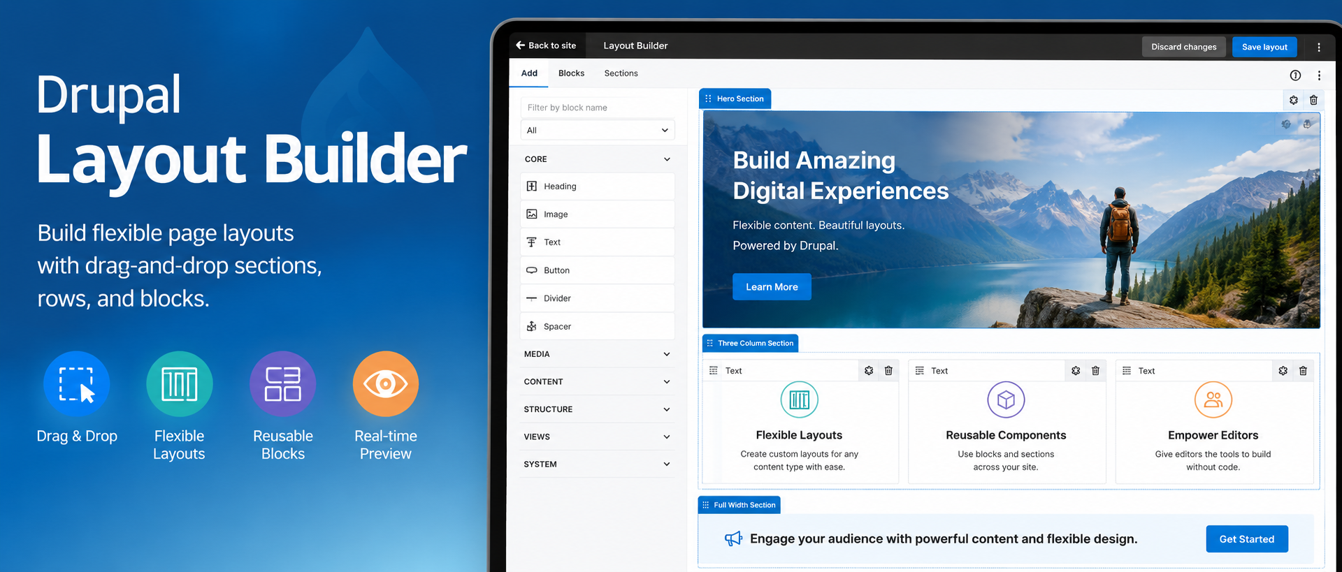 Illustration of Drupal Layout Builder showing a visual page editor with draggable sections, reusable blocks, and a live page preview.