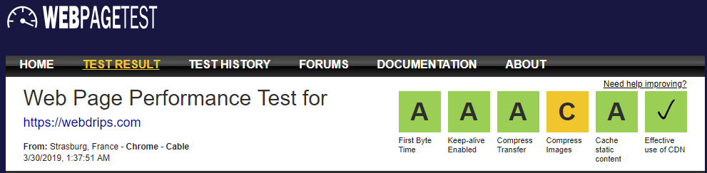 Webdrips Corporate Website Homepage Scores an A- Average on webpagetest.org