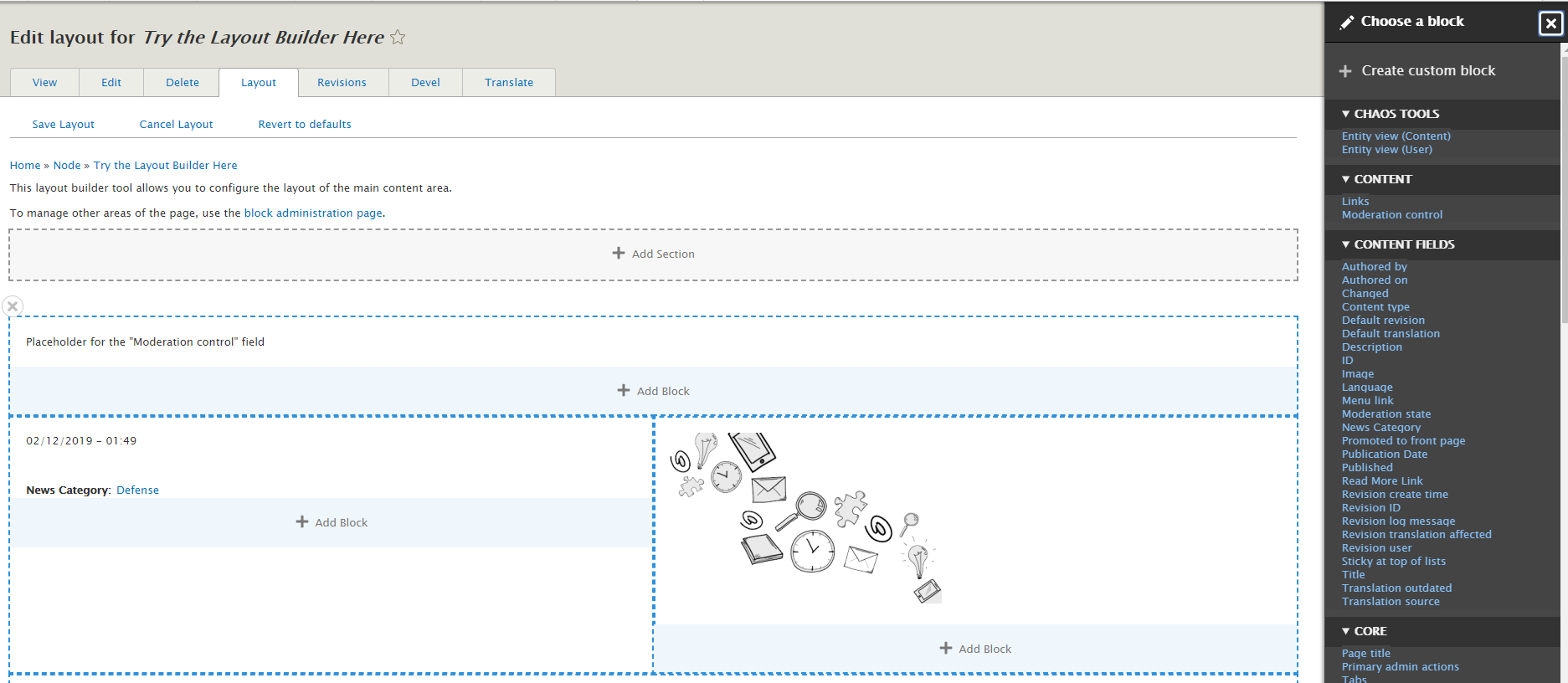 Webdrips Drupal 8 demo of the built-in Drupal Layout Builder module