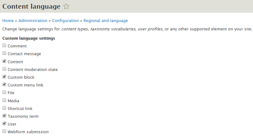 Webdrips Drupal 8 Demo Multilingual Content Translation Module Configuration Screen to Select Entities to be Translated