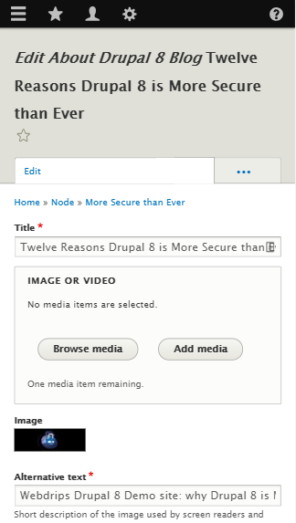 Webdrips Drupal 8 Demo Site Editing a Blog Page with the Responsive Core Admin Theme Called Seven