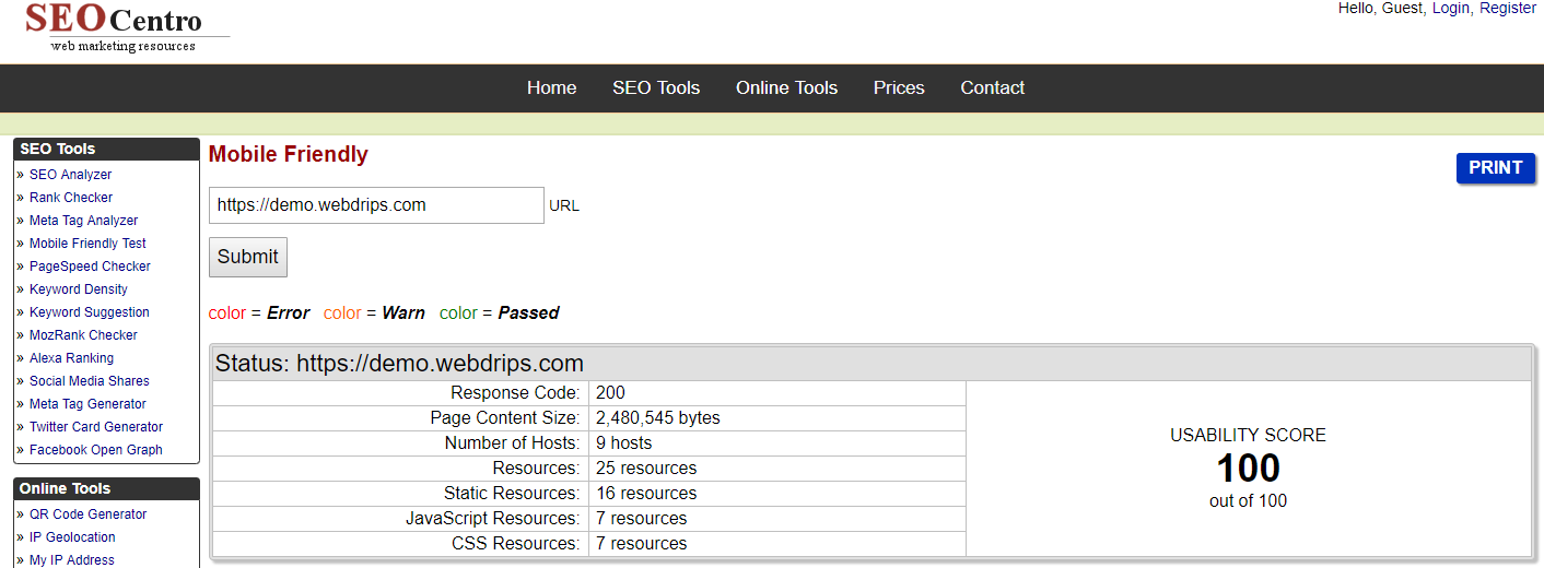 Webdrips Drupal 8 Demo Site Scores 100 out of 100 on SEO Centro's Mobile-Friendly Test