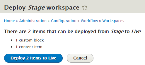 Webdrips Drupal 8 Demo site deploy stage workspace content to live confirmation