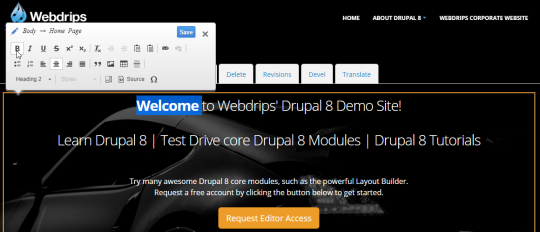 Webdrips Drupal 8 Demo Image Shows Homepage in Quick Edit Mode for a Vastly Improved Content Authoring Environment 